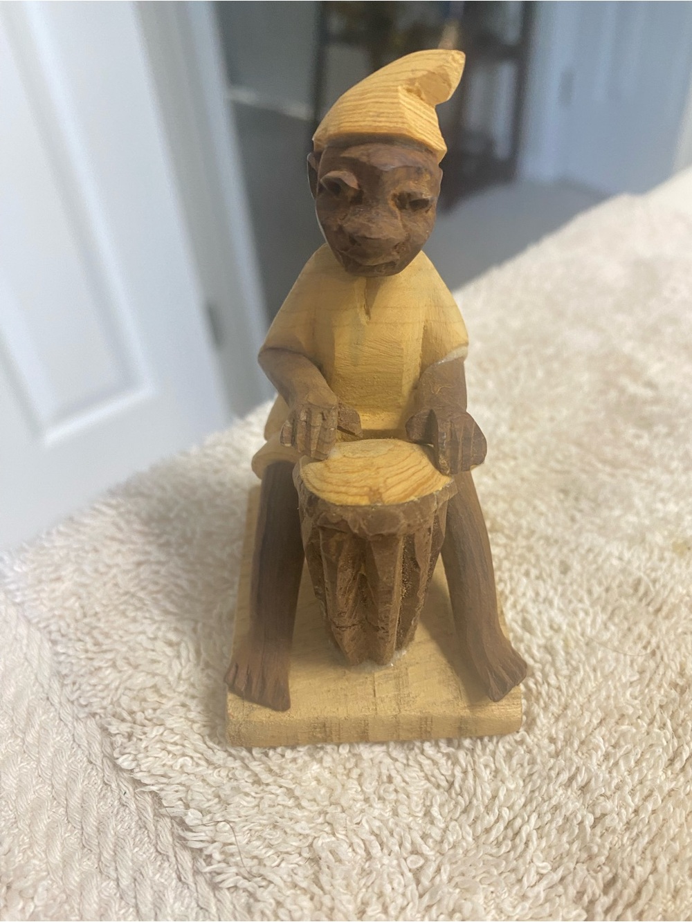Hand Carved Wooden Nigerian Drummer Figurine in Natural Brown and Yellow